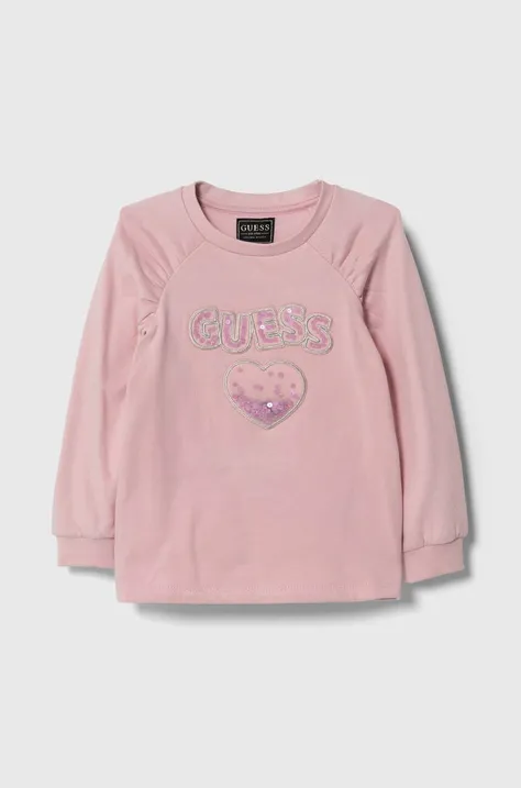 Dječja pamučna dukserica Guess boja: ružičasta, s aplikacijom