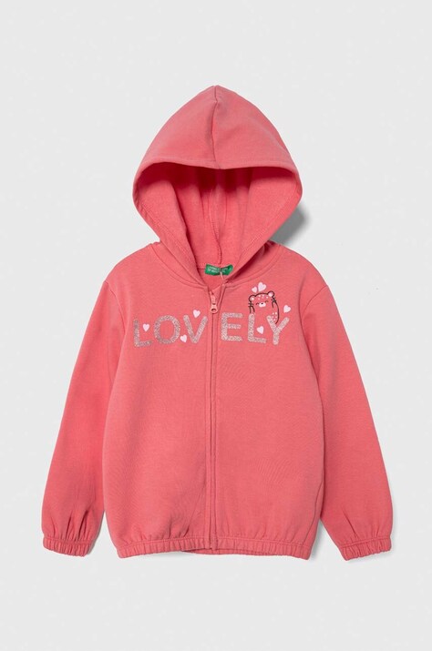 United Colors of Benetton bluza copii culoarea roz, cu glugă, cu imprimeu
