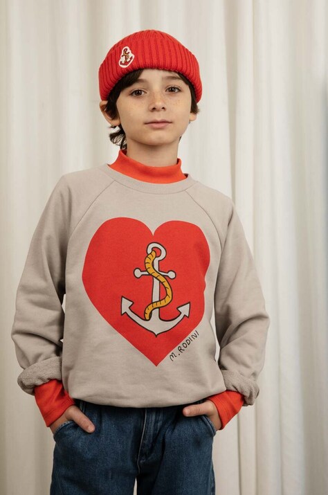 Mini Rodini hanorac de bumbac pentru copii culoarea gri, cu imprimeu