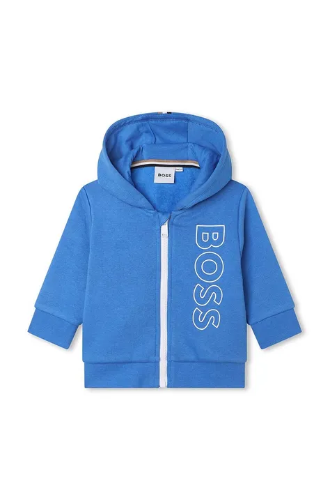 Pulover za dojenčka BOSS mornarsko modra barva, s kapuco