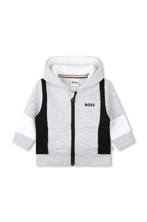 Кофта для немовлят BOSS колір сірий з капюшоном з принтом