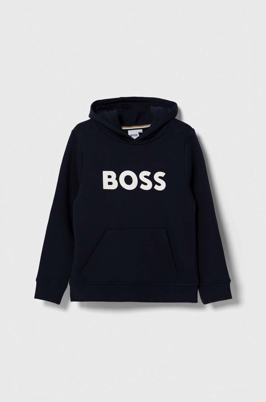 BOSS bluza dziecięca kolor granatowy z kapturem z nadrukiem