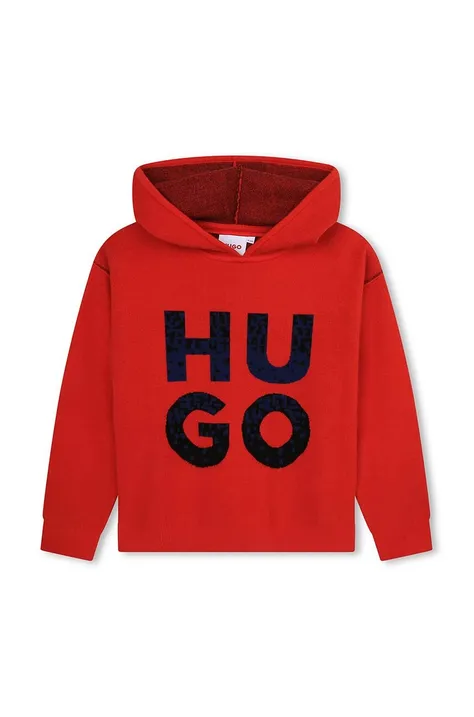Dětská mikina HUGO červená barva, s kapucí, s potiskem