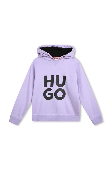 HUGO bluza copii culoarea violet, cu glugă, cu imprimeu