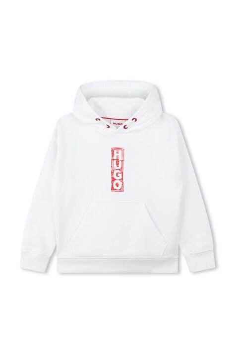 Dětská mikina HUGO bílá barva, s kapucí, s potiskem