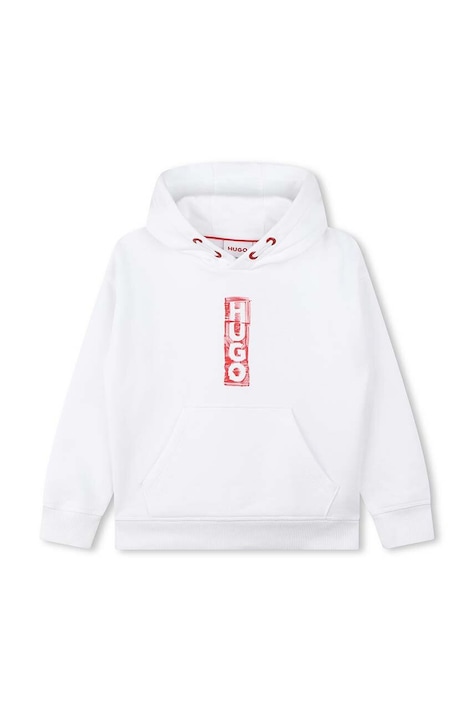 Dětská mikina HUGO bílá barva, s kapucí, s potiskem