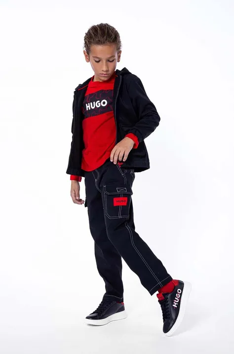 Дитяча кофта HUGO колір чорний з капюшоном з аплікацією