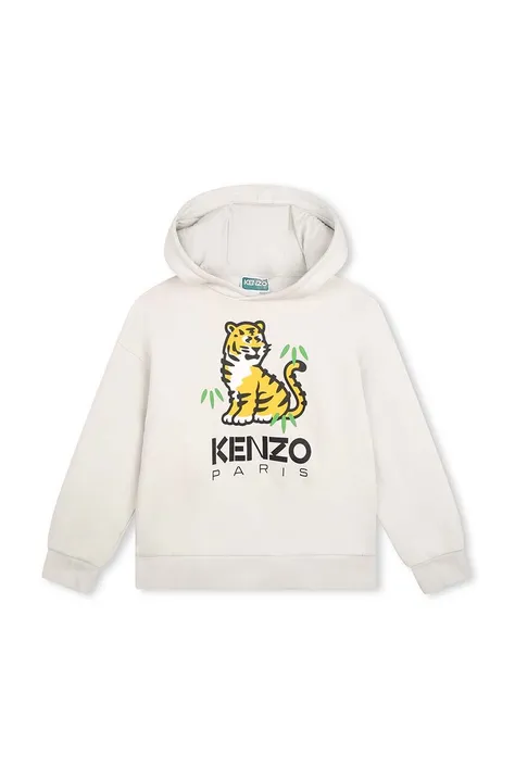 Otroški bombažen pulover Kenzo Kids bež barva, s kapuco