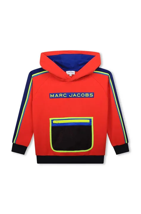 Otroški bombažen pulover Marc Jacobs rdeča barva, s kapuco