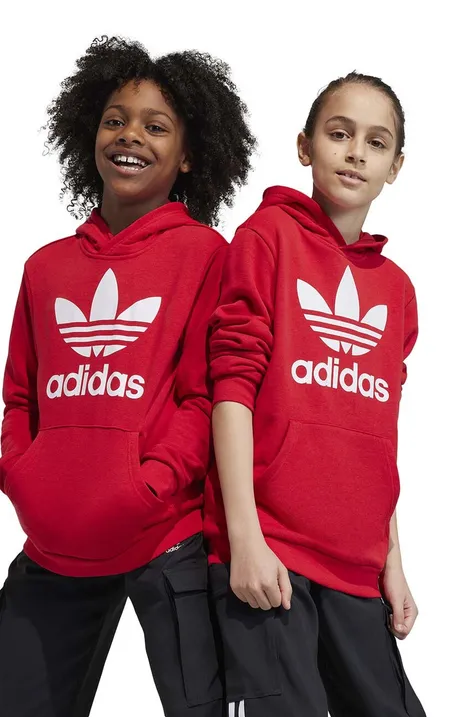 Дитяча кофта adidas Originals TREFOIL колір червоний з капюшоном з принтом