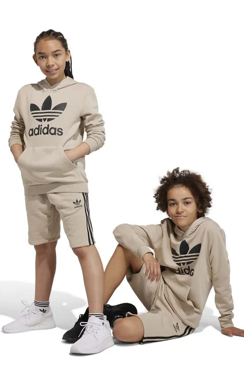 Дитяча кофта adidas Originals TREFOIL колір бежевий з капюшоном з принтом