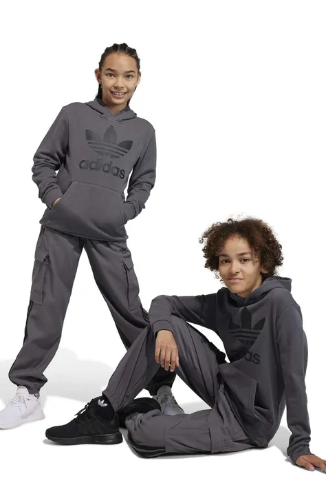 Дитяча кофта adidas Originals TREFOIL колір сірий з капюшоном з принтом
