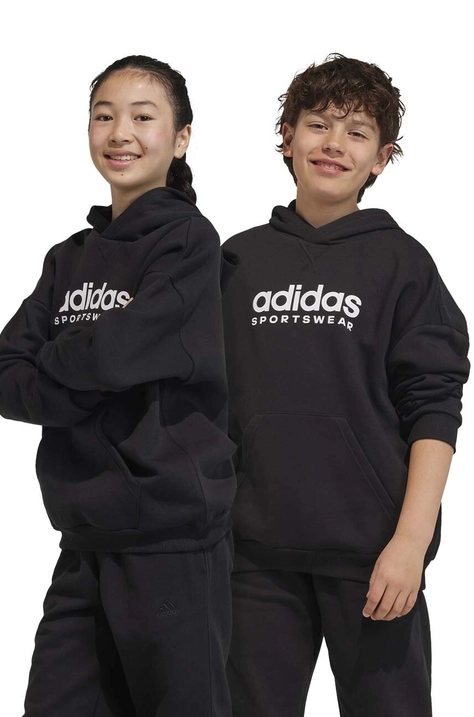 Detská mikina adidas čierna farba, s kapucňou, s potlačou