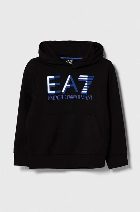 Παιδική βαμβακερή μπλούζα EA7 Emporio Armani χρώμα: μαύρο, με κουκούλα