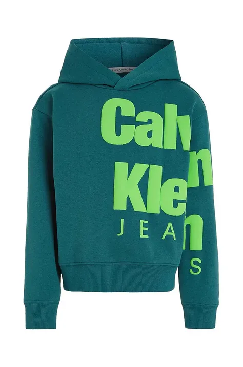 Detská mikina Calvin Klein Jeans zelená farba, s kapucňou, s potlačou