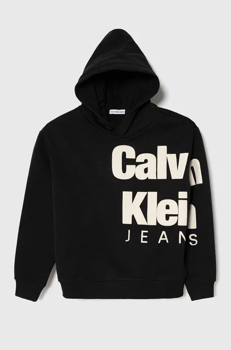 Dječja dukserica Calvin Klein Jeans boja: crna, s kapuljačom, s tiskom