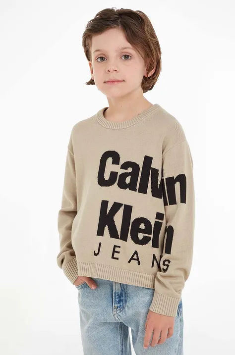 Detský bavlnený sveter Calvin Klein Jeans béžová farba