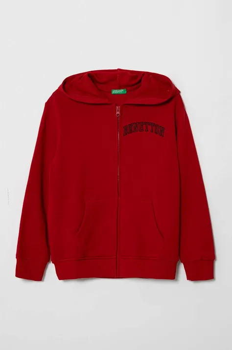Otroški bombažen pulover United Colors of Benetton rdeča barva, s kapuco