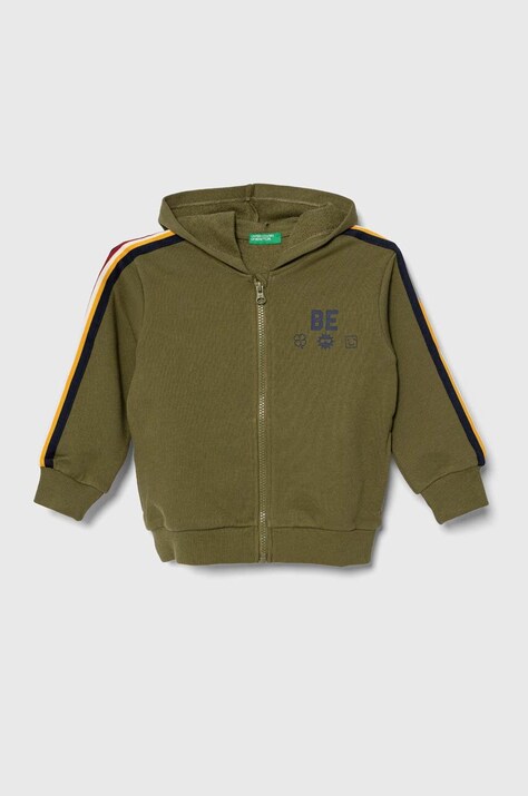 Детская хлопковая кофта United Colors of Benetton цвет зелёный с капюшоном с принтом