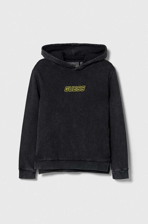 Детски памучен суичър Guess в сиво с качулка с принт