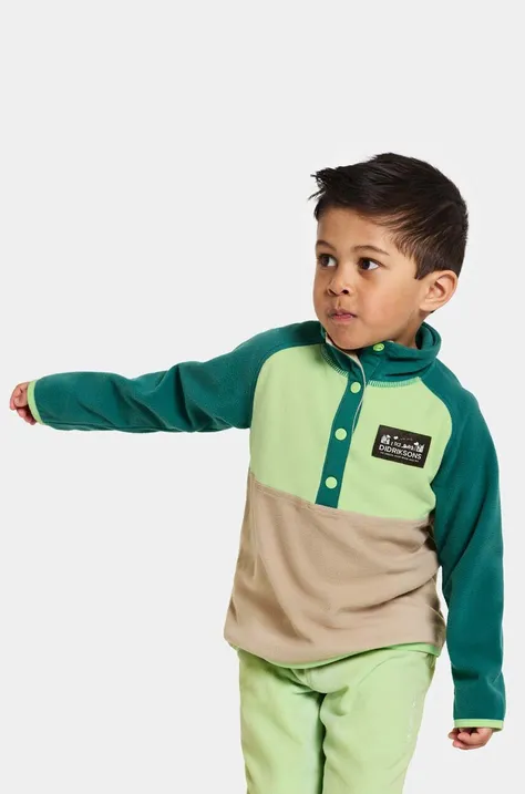 Детски суичър Didriksons MONTE KIDS HALF BUTT в зелено с изчистен дизайн