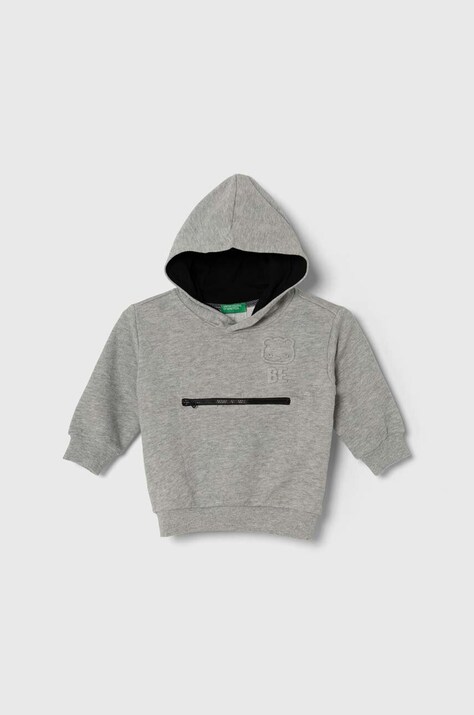 Дитяча бавовняна кофта United Colors of Benetton колір сірий з капюшоном з принтом