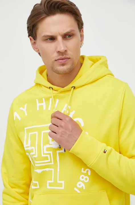 Bombažen pulover Tommy Hilfiger moška, rumena barva, s kapuco