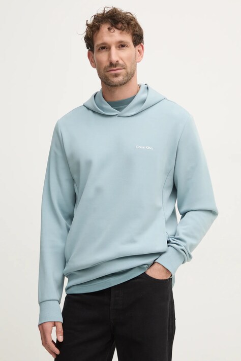 Calvin Klein bluză bărbați, culoarea turcoaz, cu glugă, uni, K10K109927