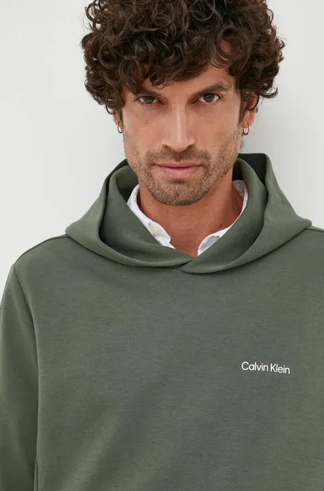Mikina Calvin Klein pánska, zelená farba, s kapucňou, jednofarebná