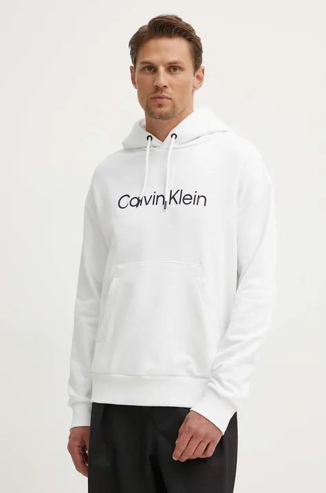 Bavlnená mikina Calvin Klein pánska, biela farba, s kapucňou, s nášivkou
