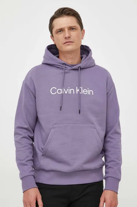 Pamučna dukserica Calvin Klein za muškarce, boja: ljubičasta, s kapuljačom, s aplikacijom