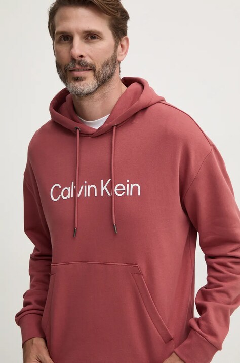 Calvin Klein hanorac de bumbac barbati, culoarea violet, cu glugă, cu imprimeu