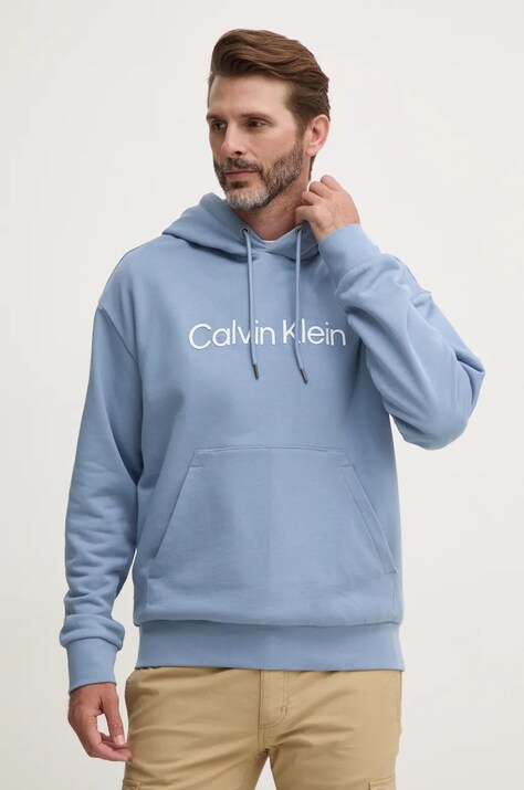 Calvin Klein hanorac de bumbac barbati, culoarea turcoaz, cu glugă, cu imprimeu