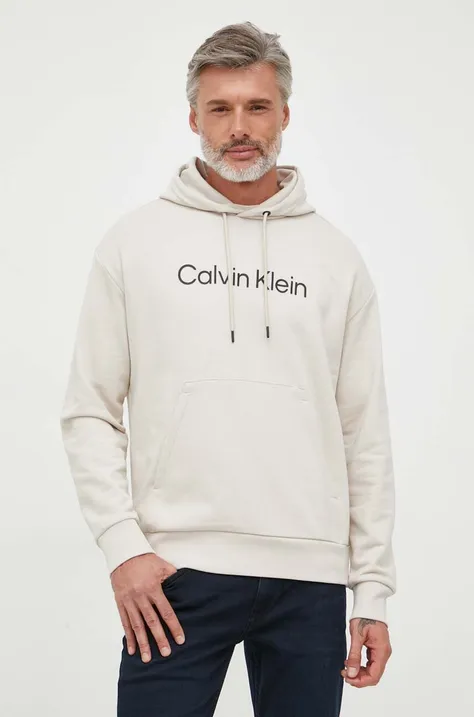 Bavlnená mikina Calvin Klein pánska, béžová farba, s kapucňou, s nášivkou