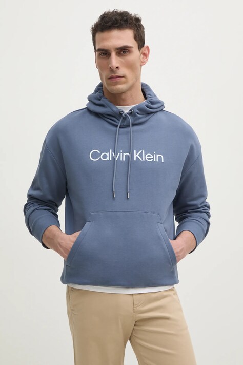 Calvin Klein hanorac de bumbac barbati, culoarea bej, cu glugă, cu imprimeu, K10K111345