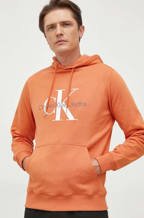 Pamučna dukserica Calvin Klein Jeans za muškarce, boja: narančasta, s kapuljačom, s tiskom