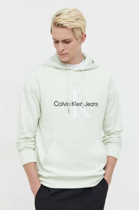 Хлопковая кофта Calvin Klein Jeans мужская цвет зелёный с капюшоном с принтом