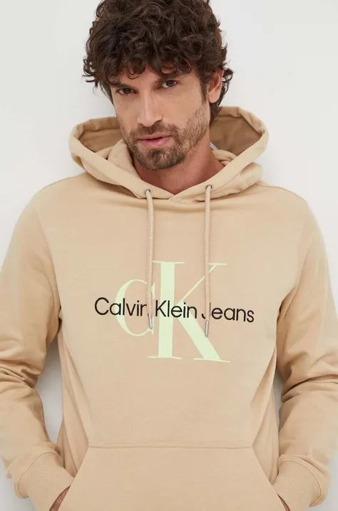 Хлопковая кофта Calvin Klein Jeans мужская цвет чёрный с капюшоном с принтом