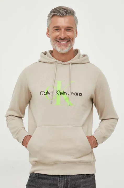 Bavlnená mikina Calvin Klein Jeans pánska, béžová farba, s kapucňou, s potlačou, J30J320805