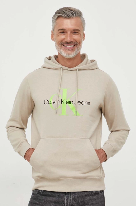 Βαμβακερή μπλούζα Calvin Klein Jeans χρώμα: μπεζ, με κουκούλα