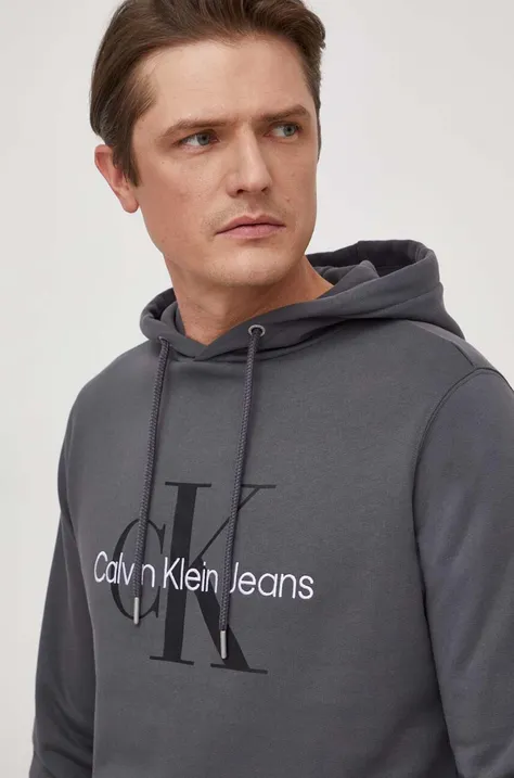 Хлопковая кофта Calvin Klein Jeans мужская цвет серый с капюшоном с принтом