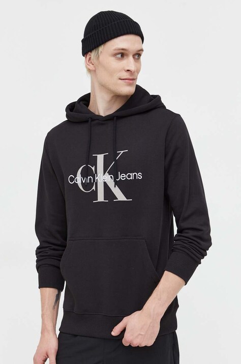 Calvin Klein Jeans hanorac de bumbac bărbați, culoarea negru, cu glugă, imprimeu J30J320805