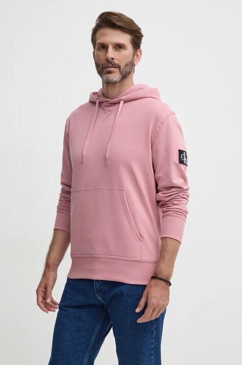 Calvin Klein Jeans hanorac de bumbac barbati, culoarea roz, cu glugă, cu imprimeu, J30J323430