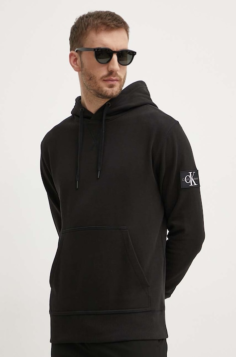 Calvin Klein Jeans hanorac de bumbac barbati, culoarea negru, cu glugă, cu imprimeu