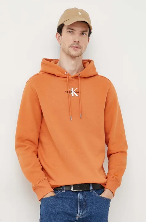 Кофта Calvin Klein Jeans мужская цвет оранжевый с капюшоном с аппликацией
