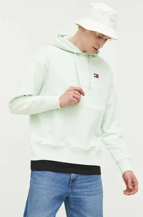 Хлопковая кофта Tommy Jeans мужская цвет зелёный с капюшоном с аппликацией