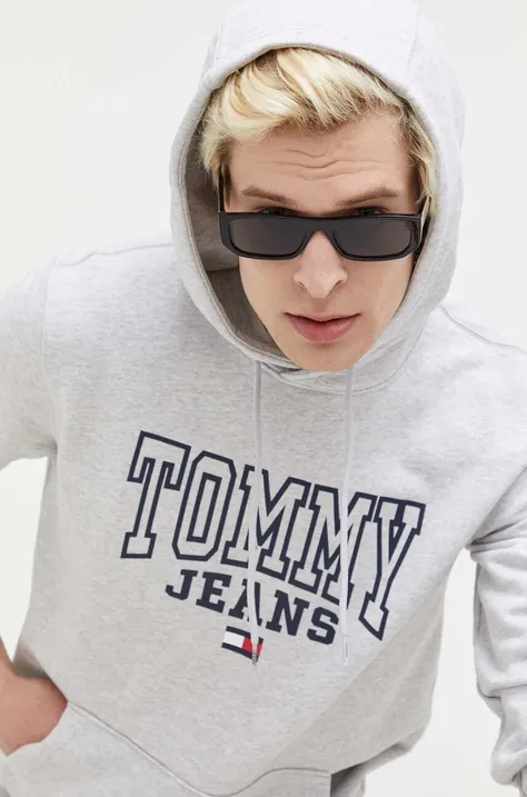 Tommy Jeans bluza bawełniana męska kolor szary z kapturem z nadrukiem