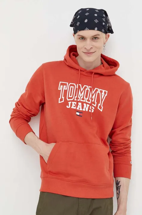 Pamučna dukserica Tommy Jeans za muškarce, boja: narančasta, s kapuljačom, s tiskom