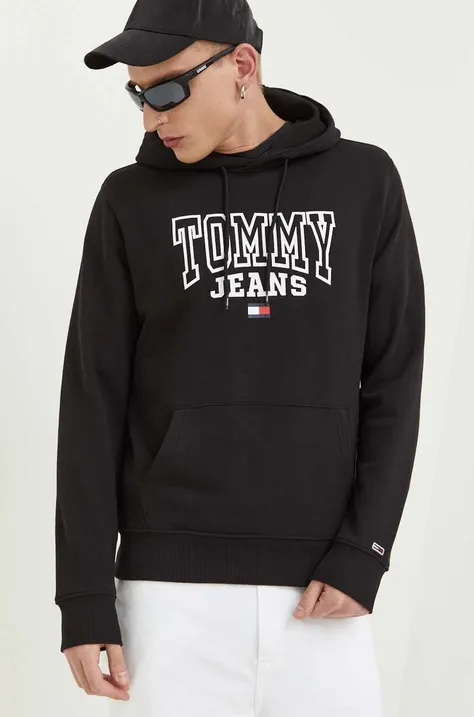 Tommy Jeans bluza bawełniana męska kolor czarny z kapturem z nadrukiem