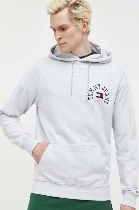 Pulover Tommy Jeans moška, siva barva, s kapuco